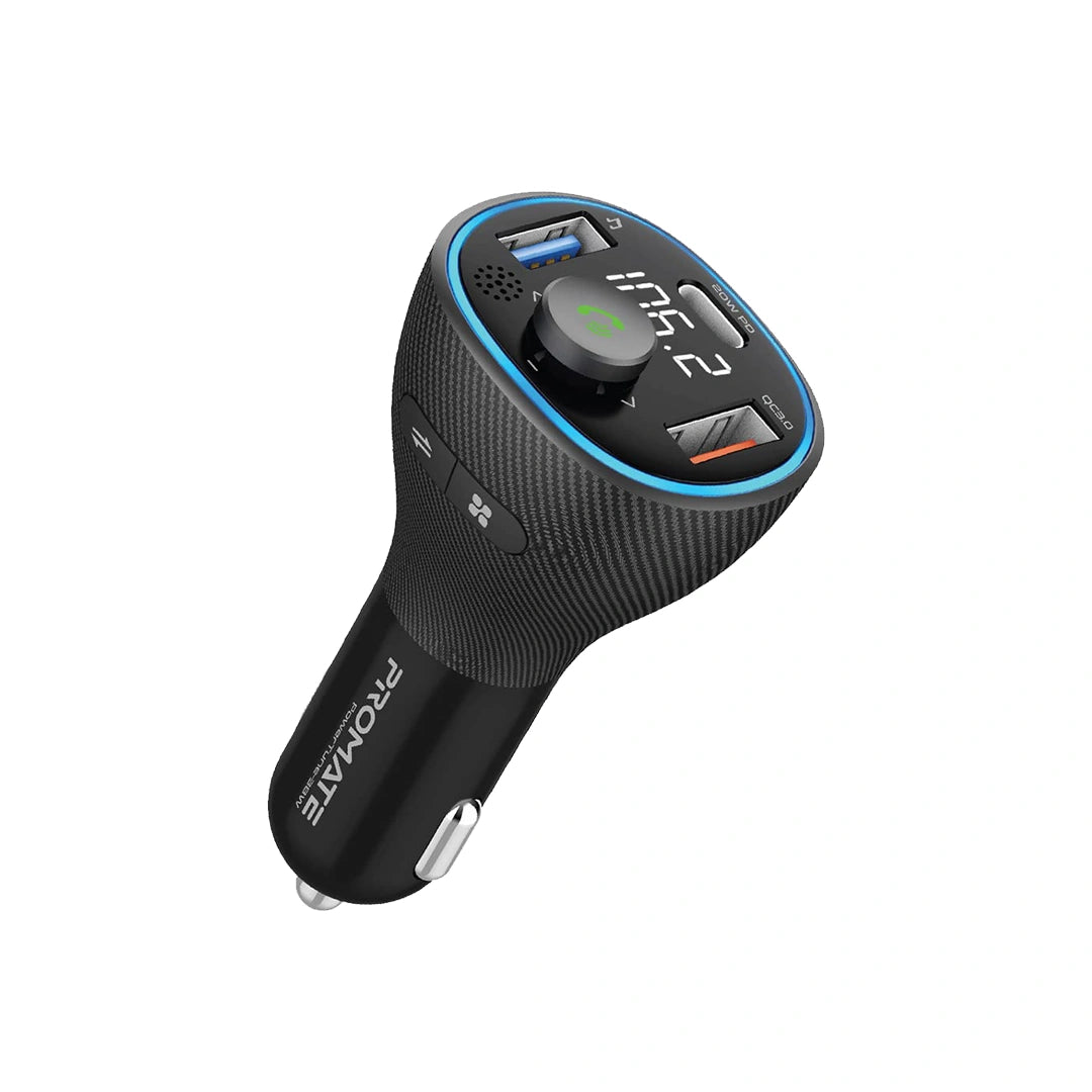 Promate PowerTune-38W - Wireless FM Transmitter - In-Car Bluetooth V5.1 Transmitter Car Kit with 20W USB-C Power Delivery in Qatar Promate PowerTune-38W - Wireless FM Transmitter - In-Car Bluetooth V5.1 Transmitter Car Kit with 20W USB-C Power Delivery in Qatar